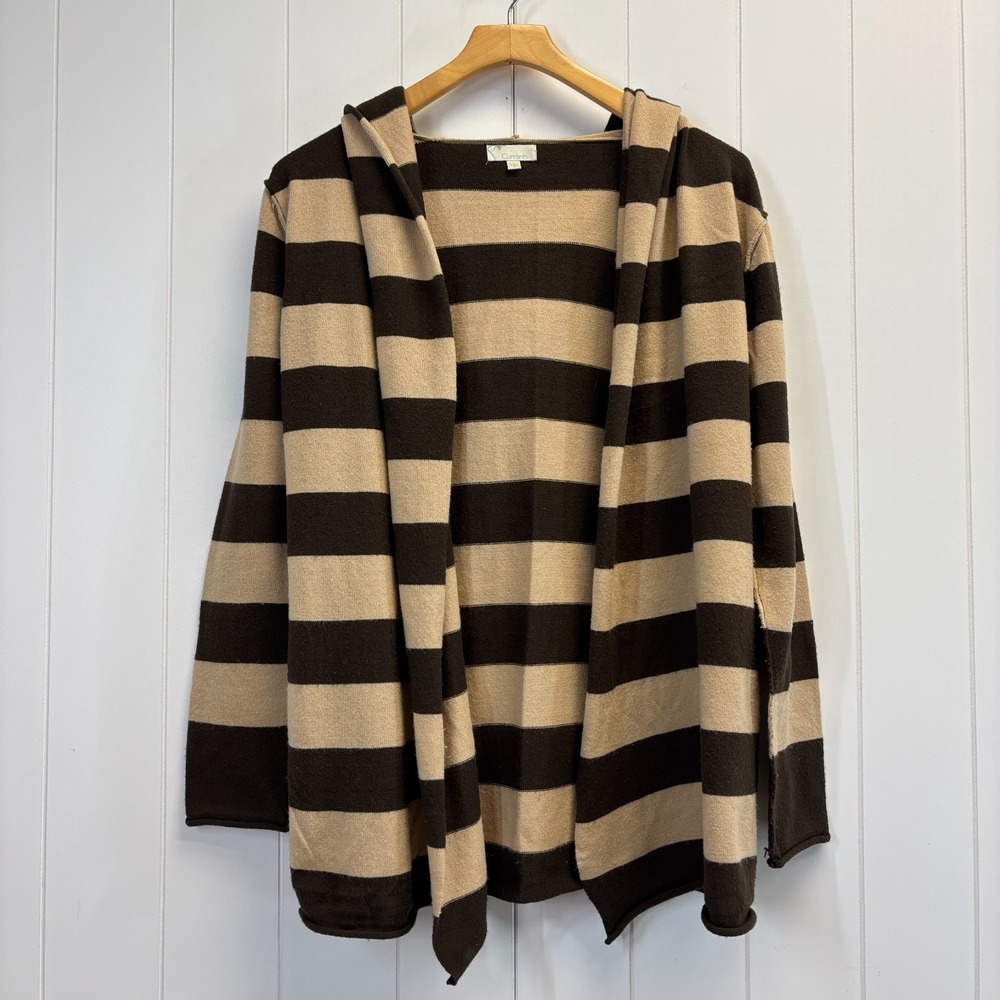 Currants Y2K Striped Hooded Cardigan Women Medium Neutral Preppy Earthy Comfy